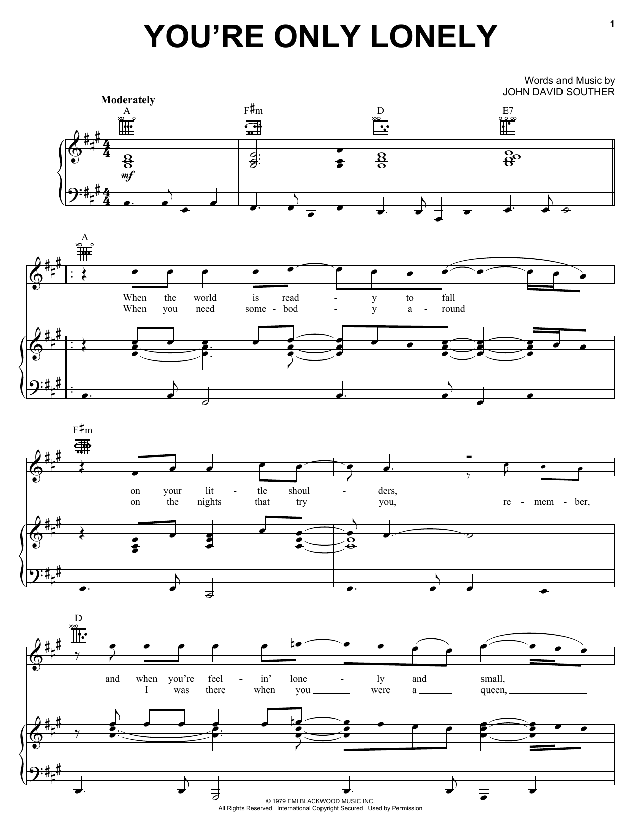 J.D. Souther You're Only Lonely Sheet Music Notes & Chords for Lyrics & Chords - Download or Print PDF