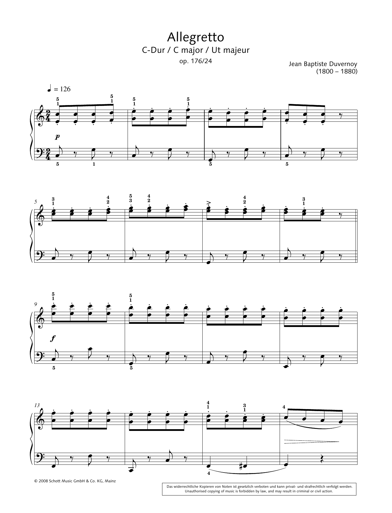 Jean-Baptiste Duvernoy Allegretto in C major Sheet Music Notes & Chords for Piano Solo - Download or Print PDF