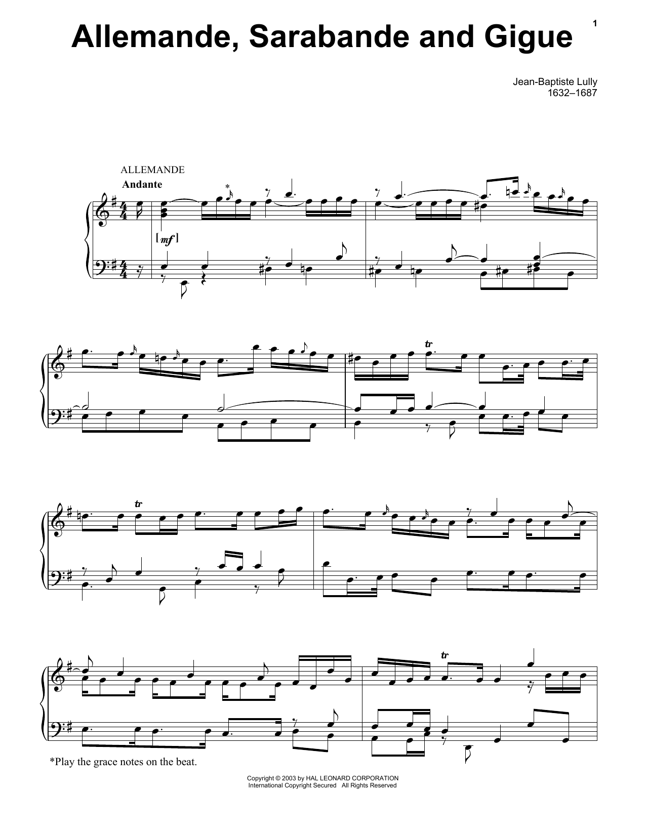 Jean-Baptiste Lully Allemande, Sarabande And Gigue Sheet Music Notes & Chords for Piano Solo - Download or Print PDF