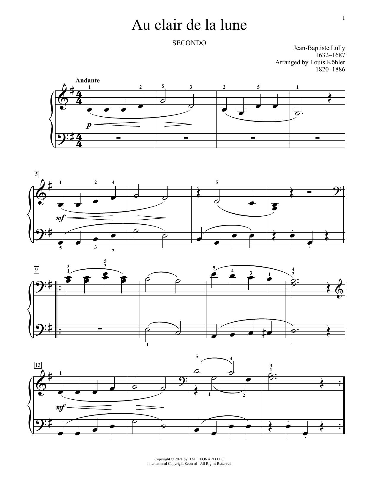 Jean-Baptiste Lully Au Clair De La Lune Sheet Music Notes & Chords for Piano Duet - Download or Print PDF