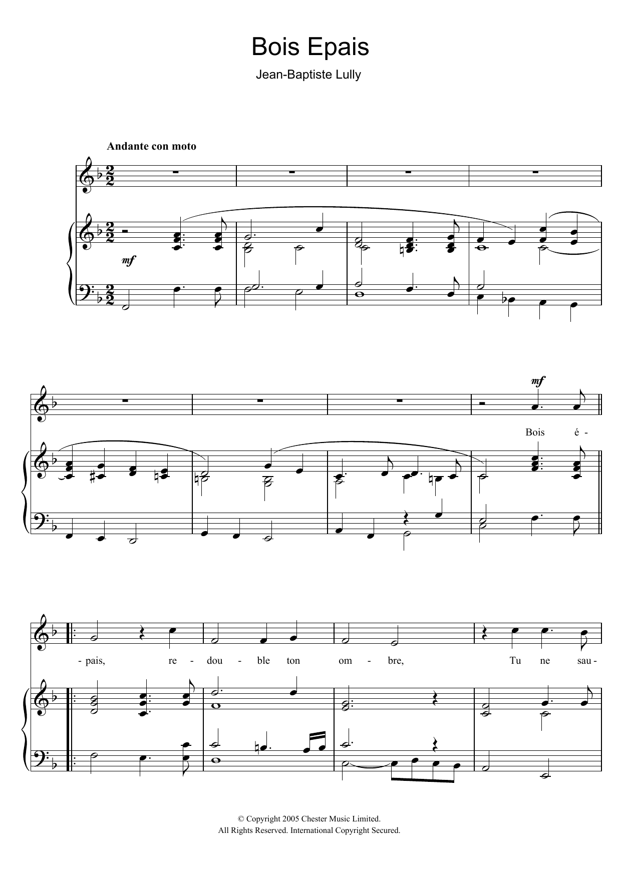 Jean-Baptiste Lully Bois Epais (from Amadis) Sheet Music Notes & Chords for Piano & Vocal - Download or Print PDF