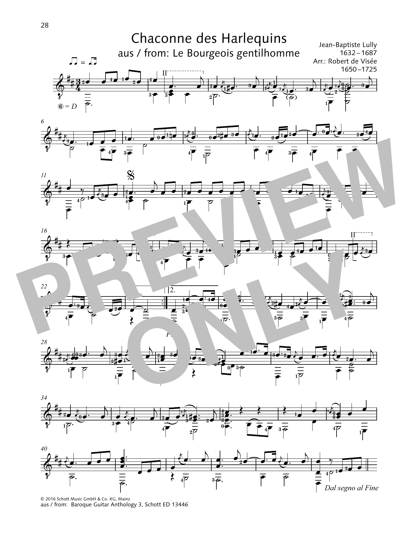 Jean-Baptiste Lully Chaconne des Harlequins Sheet Music Notes & Chords for Solo Guitar - Download or Print PDF