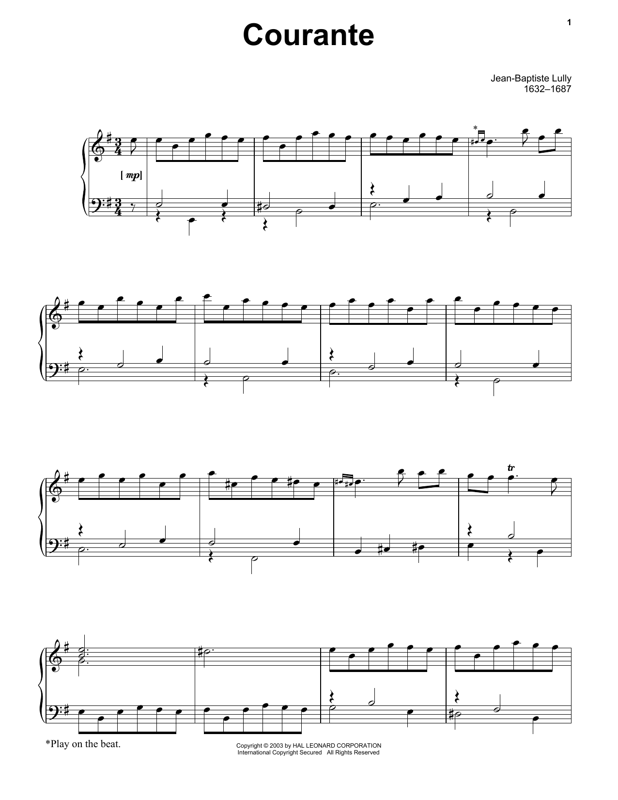 Jean-Baptiste Lully Courante Sheet Music Notes & Chords for Piano Solo - Download or Print PDF