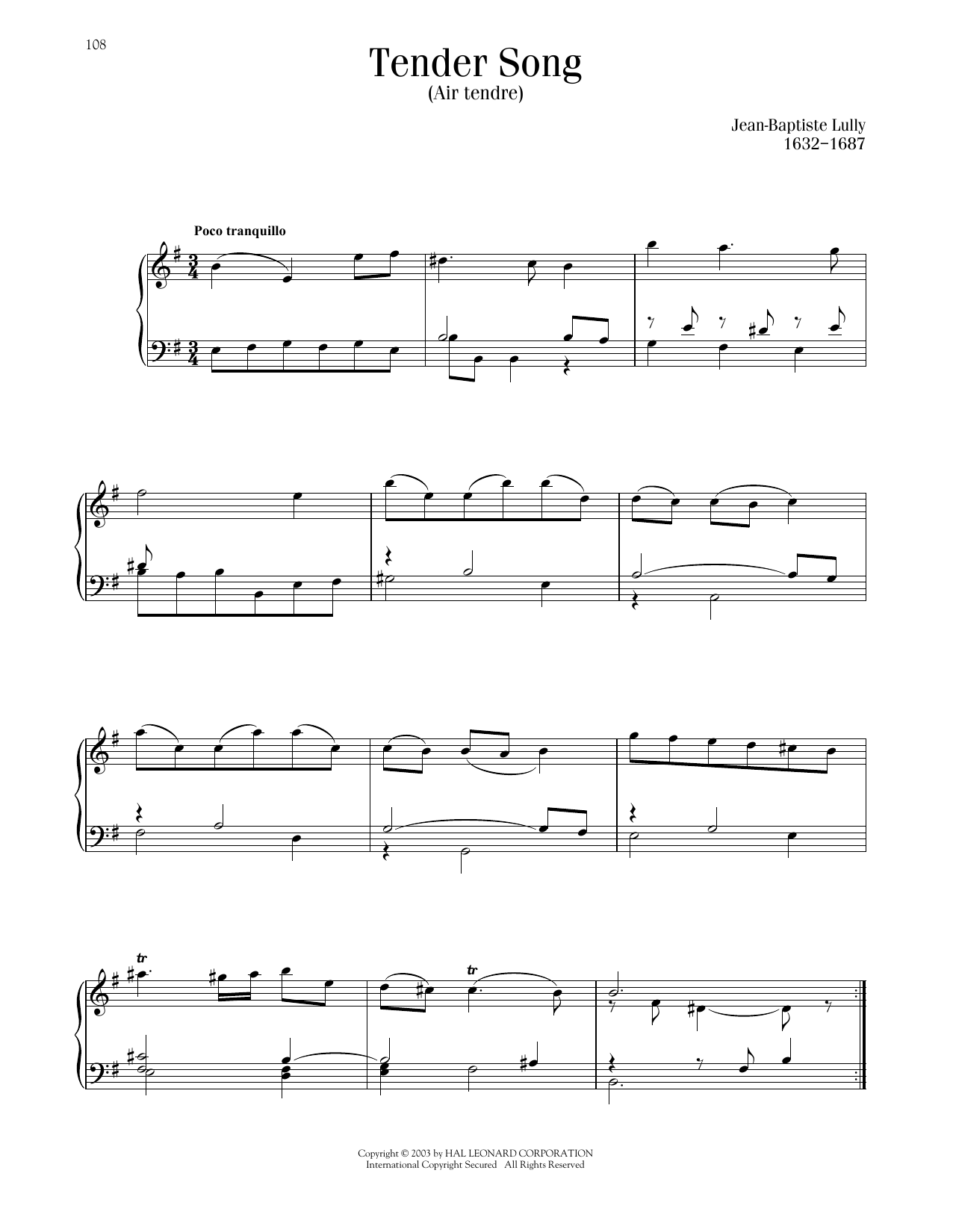 Jean-Baptiste Lully Tender Song (Air Tendre) Sheet Music Notes & Chords for Piano Solo - Download or Print PDF