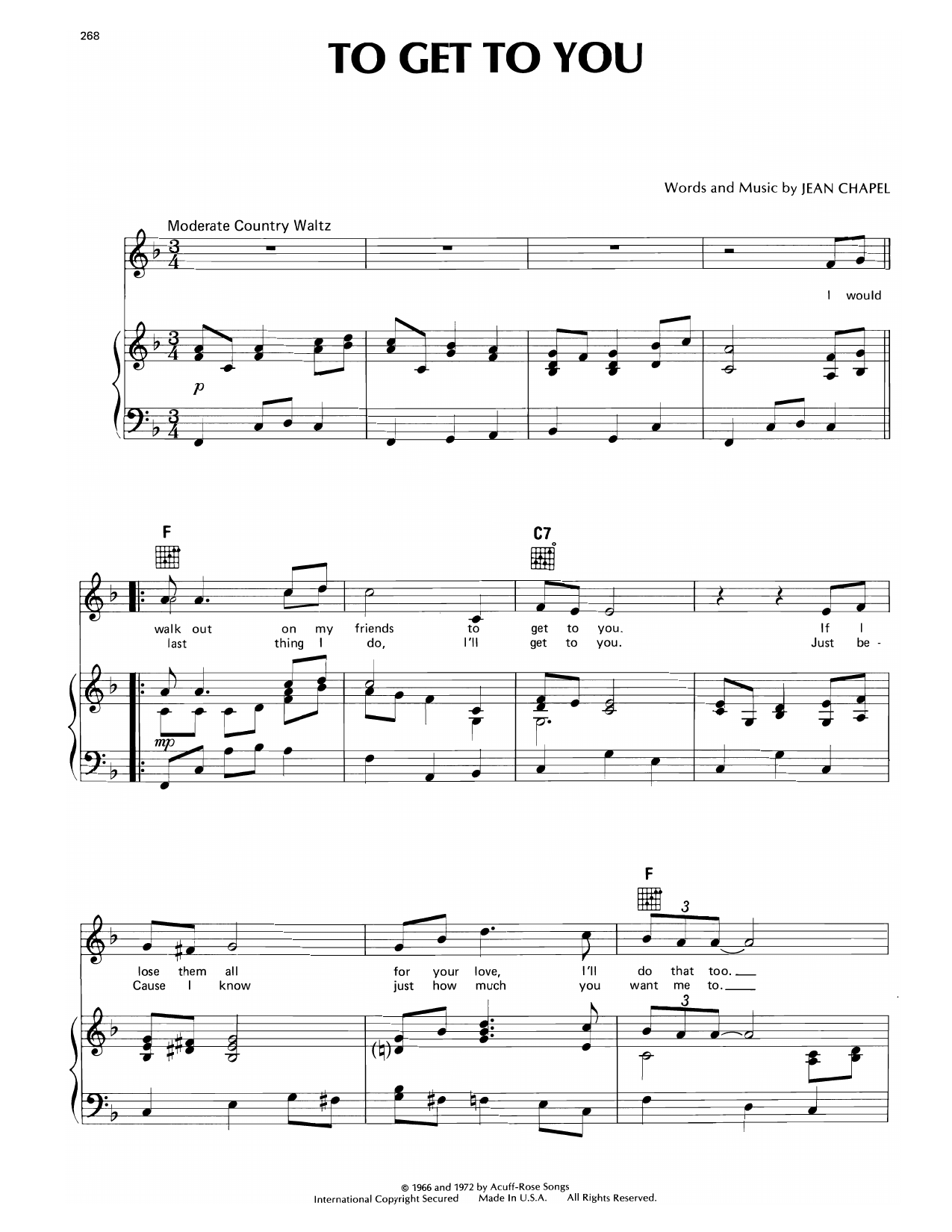 Jean Chapel To Get To You Sheet Music Notes & Chords for Piano, Vocal & Guitar Chords (Right-Hand Melody) - Download or Print PDF
