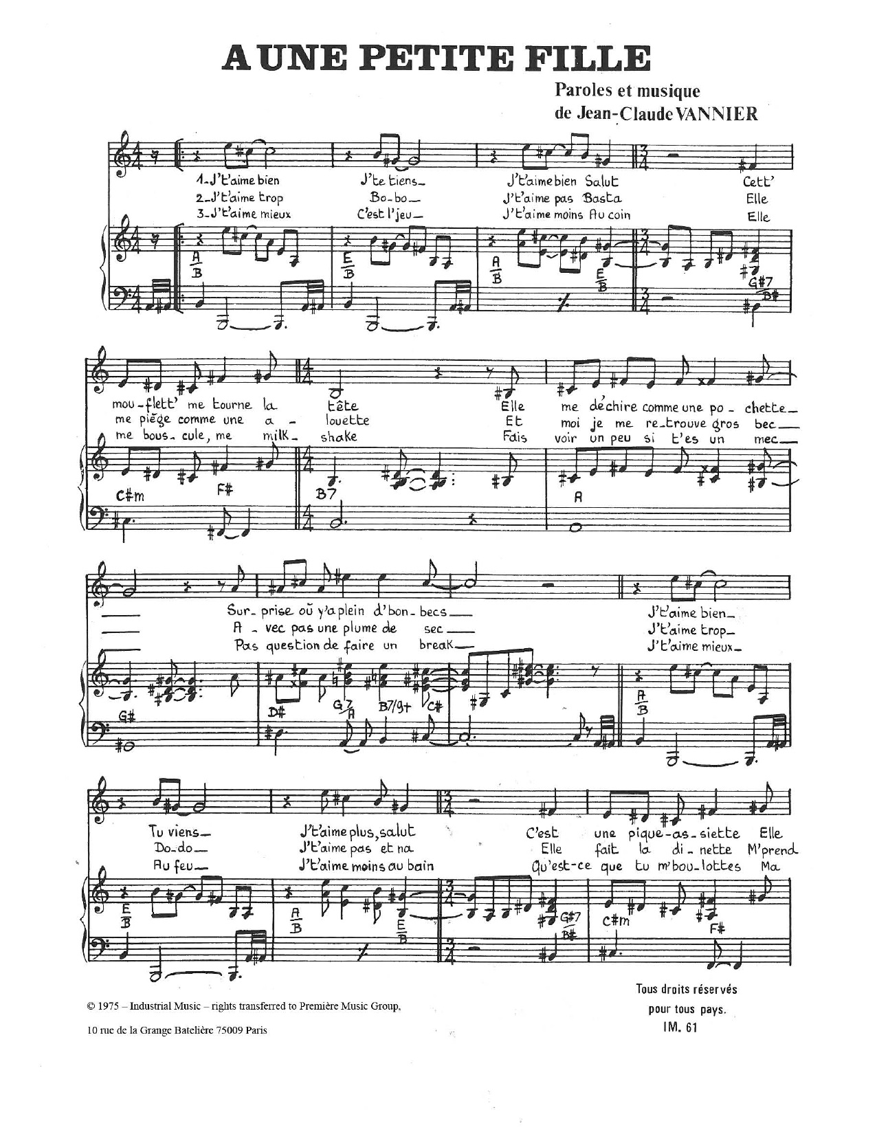 Jean-Claude Vannier A Une Petite Fille Sheet Music Notes & Chords for Piano & Vocal - Download or Print PDF