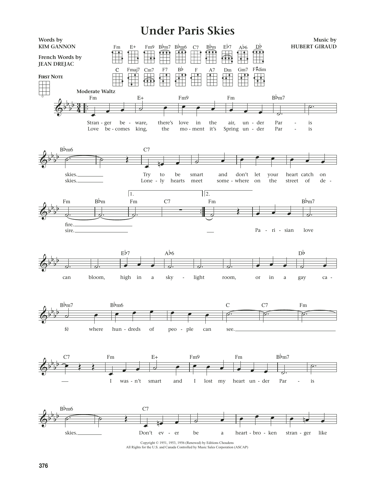 Jean Drejac Under Paris Skies (from The Daily Ukulele) (arr. Jim Beloff) Sheet Music Notes & Chords for Ukulele - Download or Print PDF