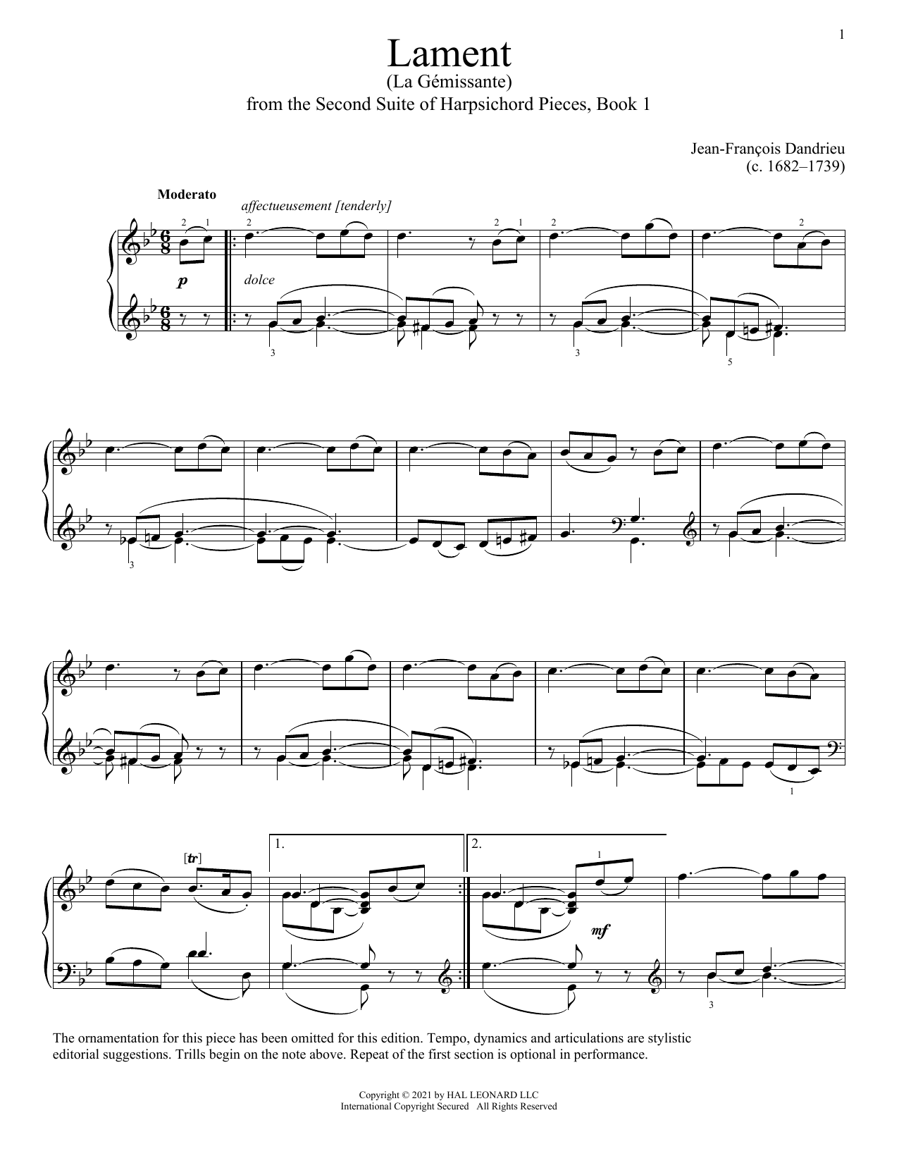 Jean-Francois Dandrieu Lament Sheet Music Notes & Chords for Piano Solo - Download or Print PDF