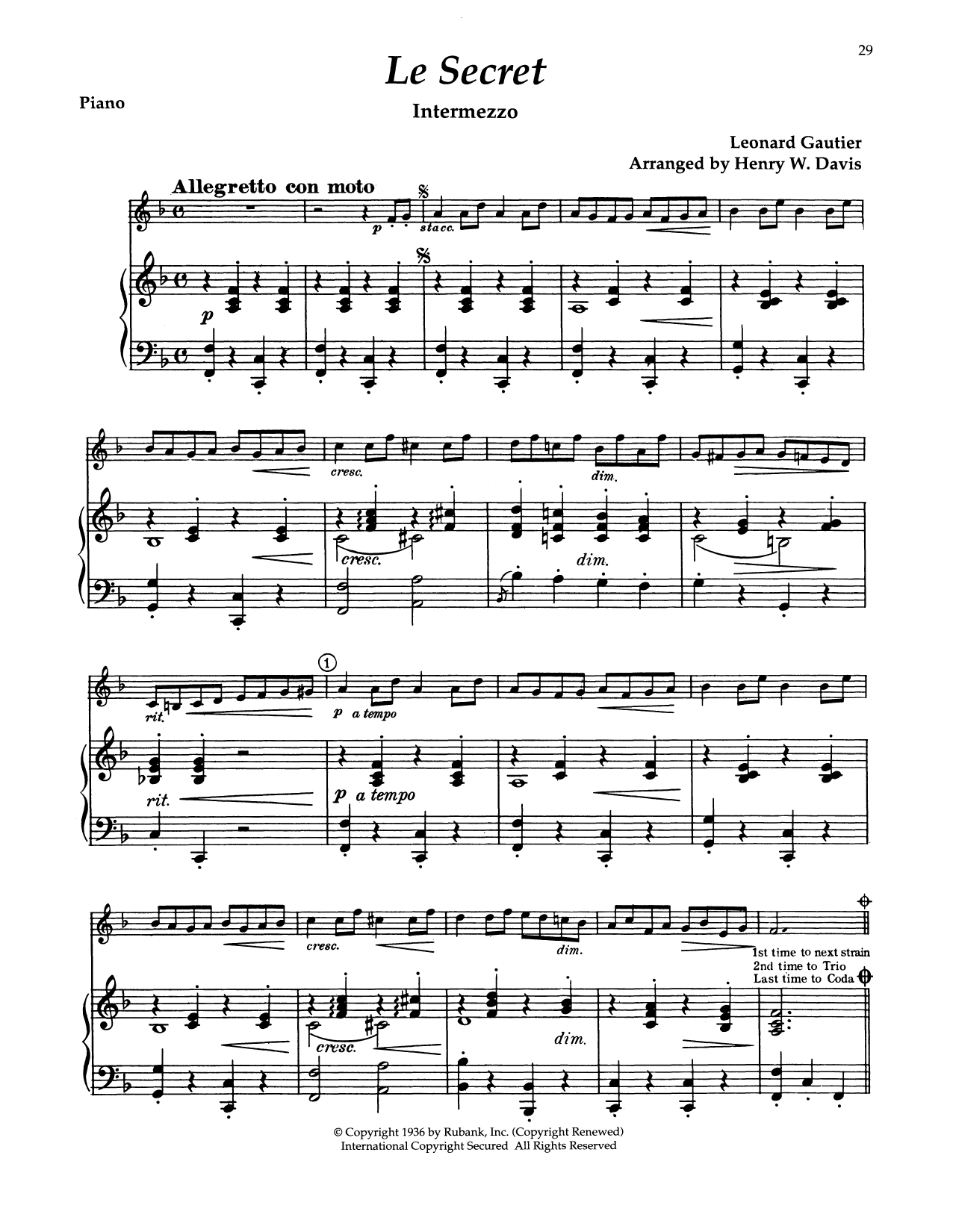 Jean-Francois Eugene Gautier The Secret (Le Secret) Sheet Music Notes & Chords for Alto Sax and Piano - Download or Print PDF