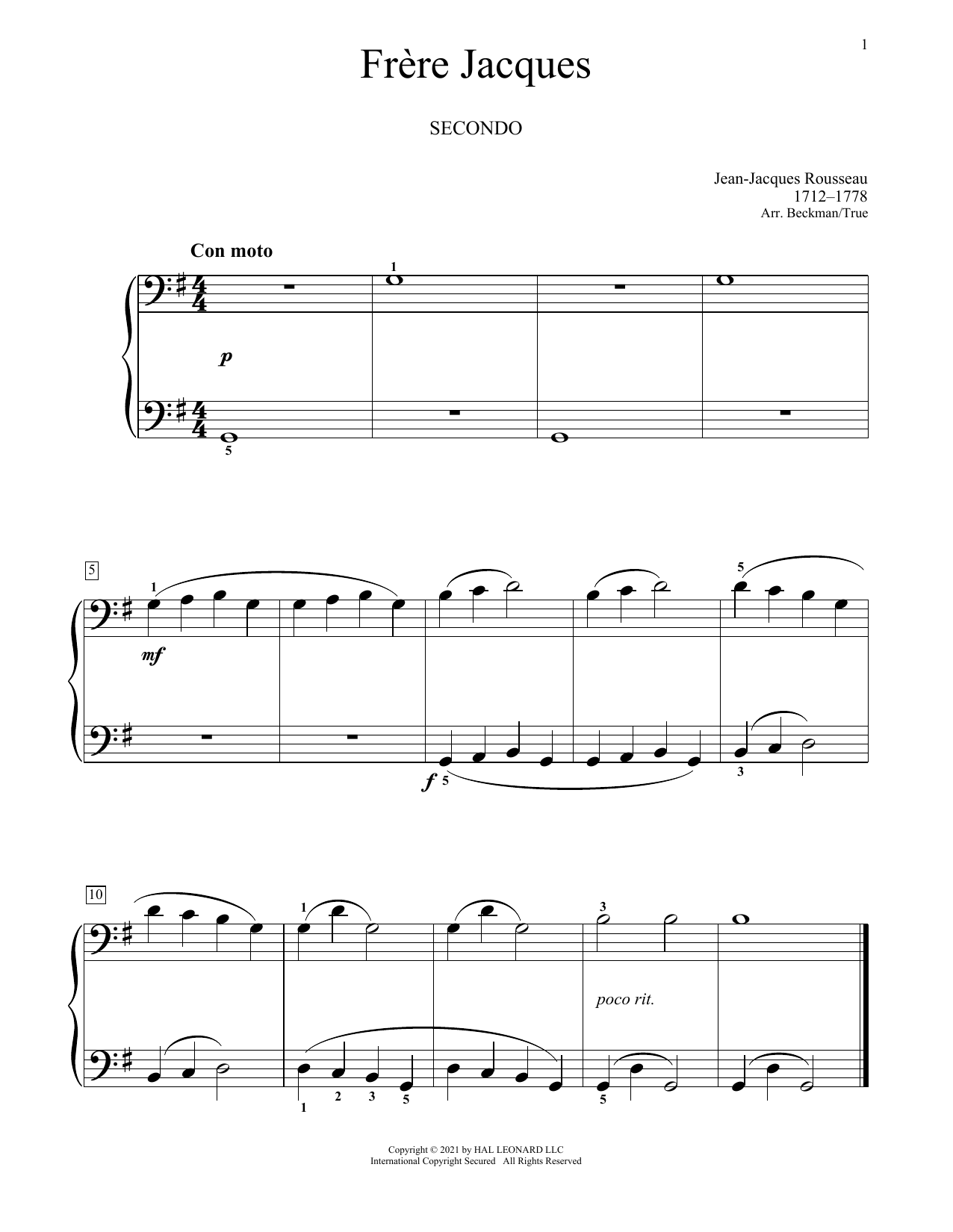 Jean-Jacques Rousseau Frere Jacques Sheet Music Notes & Chords for Piano Duet - Download or Print PDF