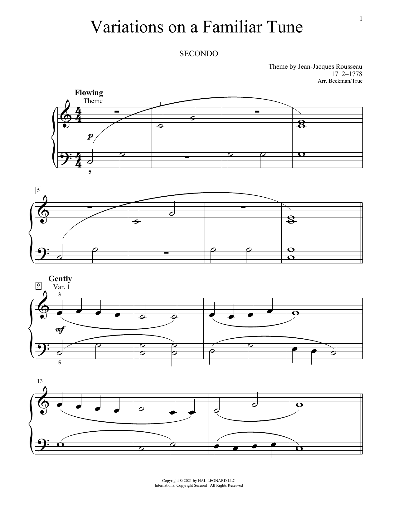 Jean-Jacques Rousseau Variations On A Familiar Tune Sheet Music Notes & Chords for Piano Duet - Download or Print PDF