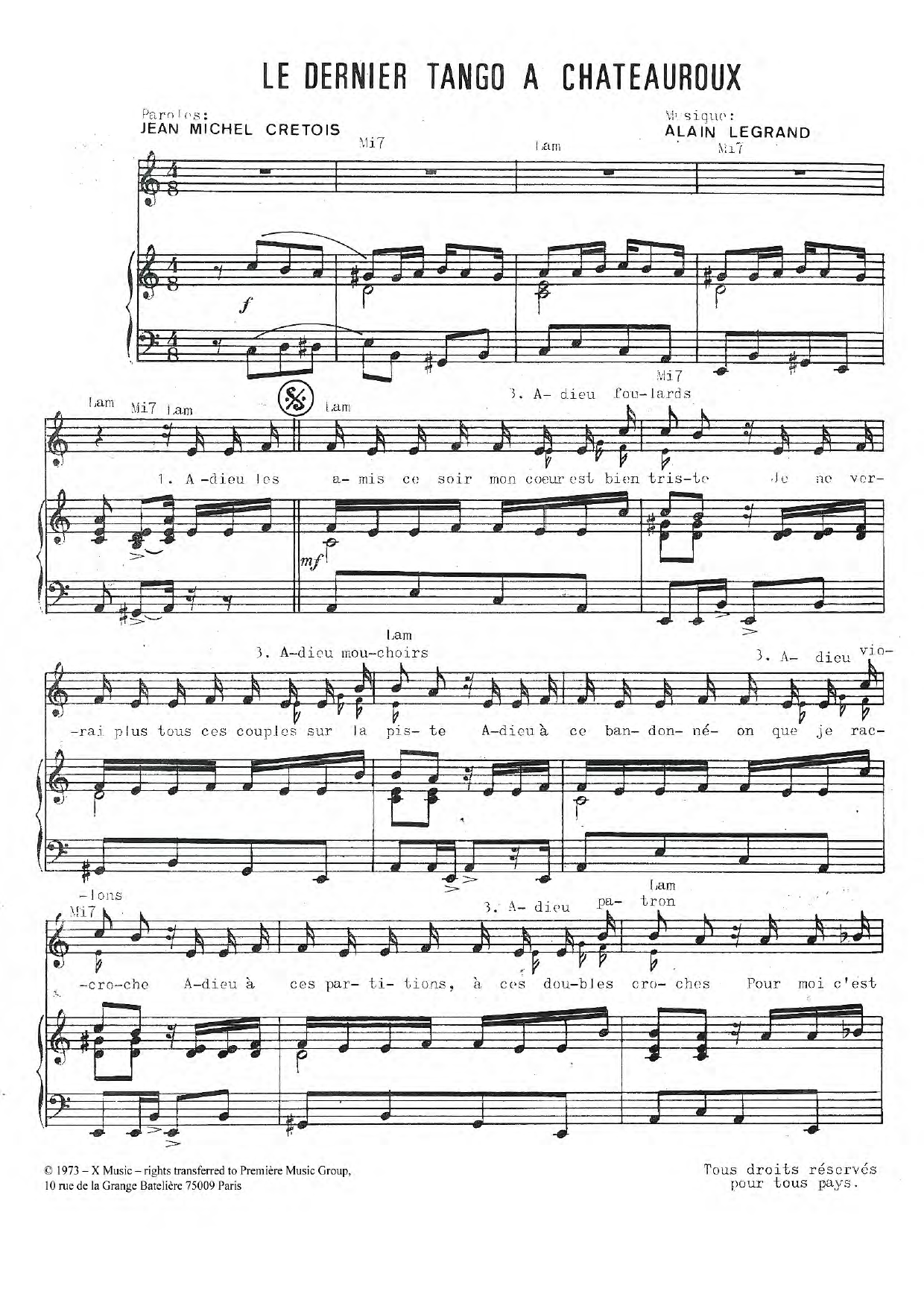 Jean Legrand Le Dernier Tango A Chateauroux Sheet Music Notes & Chords for Piano & Vocal - Download or Print PDF