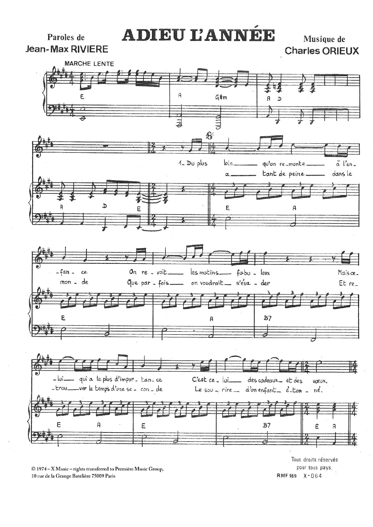 Jean-Max Riviere Adieu L'annee Sheet Music Notes & Chords for Piano & Vocal - Download or Print PDF