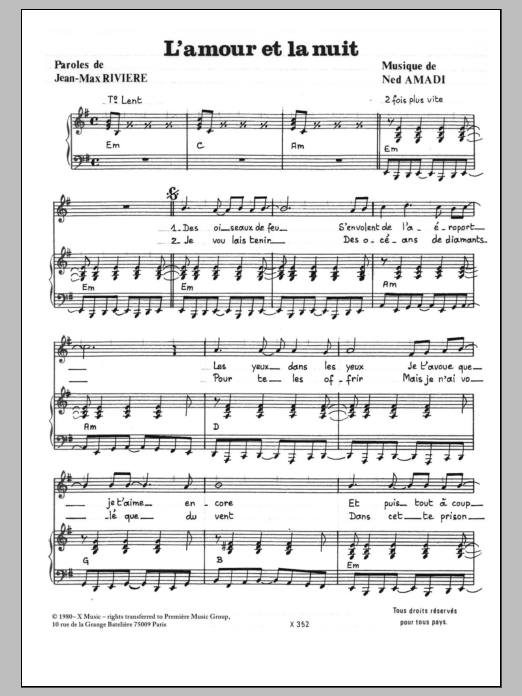 Jean-Max Riviere Amour Et La Nuit Sheet Music Notes & Chords for Piano & Vocal - Download or Print PDF Jean-Max Riviere Amour Et La Nuit Sheet Music Notes & Chords for Piano & Vocal - Download or Print PDF