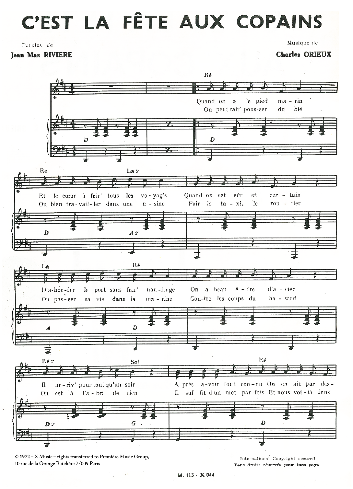 Jean-Max Riviere C'est La Fete Aux Copains Sheet Music Notes & Chords for Piano & Vocal - Download or Print PDF