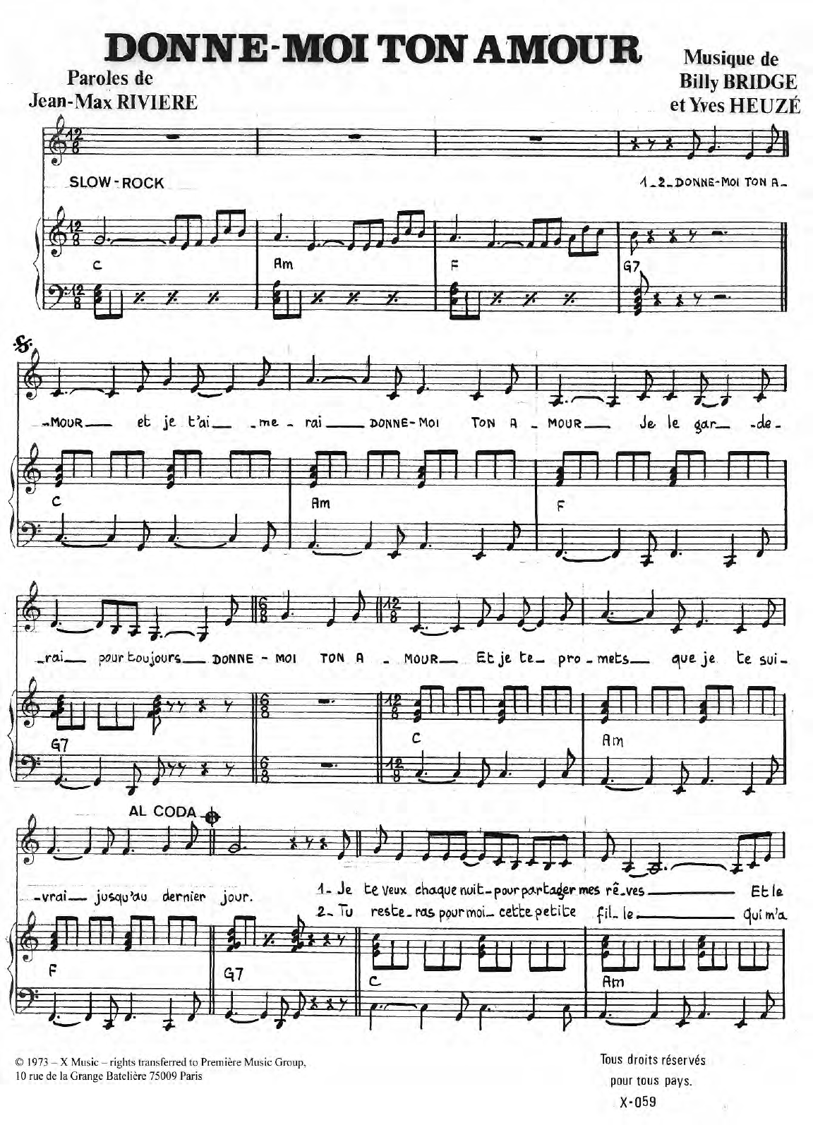 Jean-Max Riviere Donne-Moi Ton Amour Sheet Music Notes & Chords for Piano & Vocal - Download or Print PDF