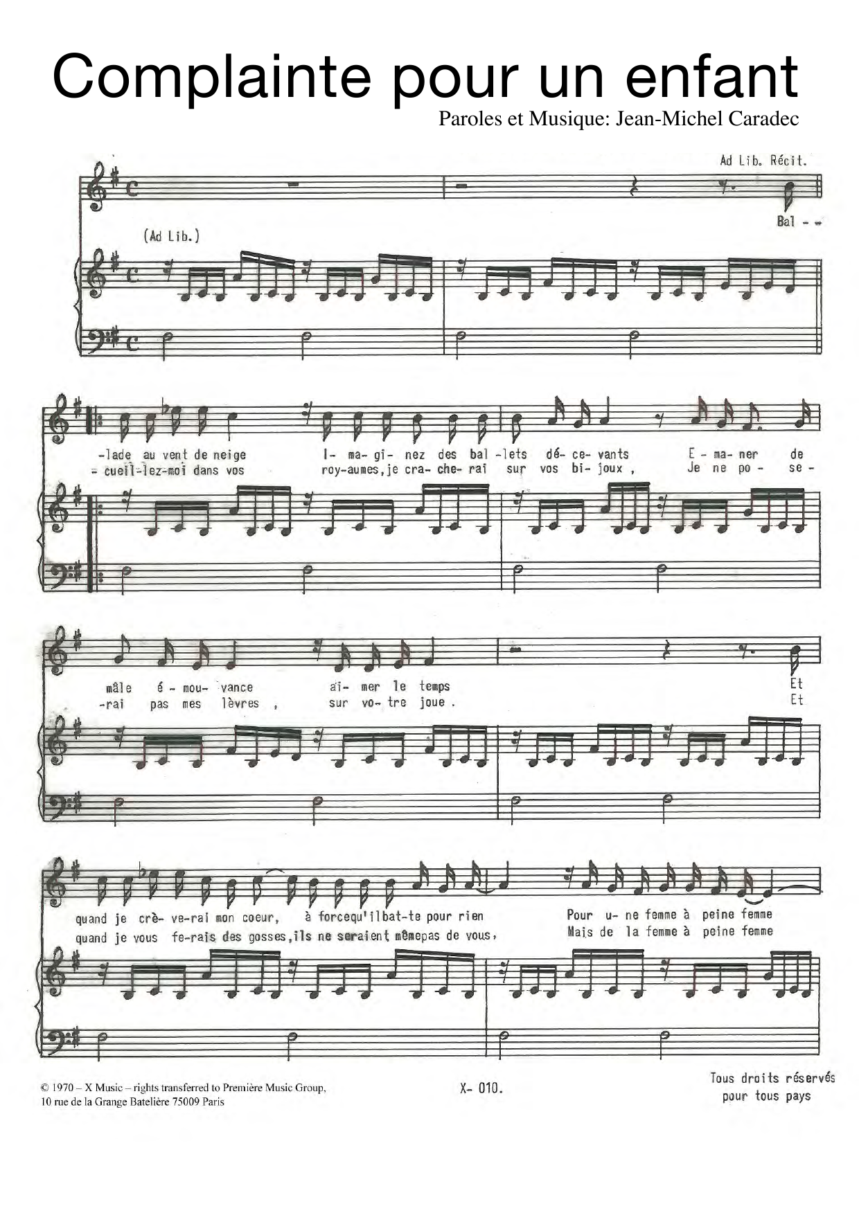 Jean-Michel Caradec Complainte Pour Un Enfant Sheet Music Notes & Chords for Piano & Vocal - Download or Print PDF