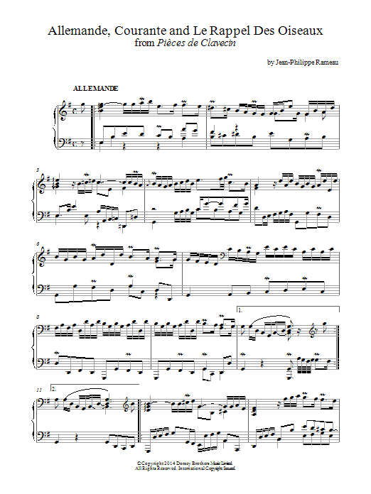 Jean-Philippe Rameau Allemande, Courante and 'Le Rappel Des Oiseaux' From Pieces De Clavecin Sheet Music Notes & Chords for Piano - Download or Print PDF