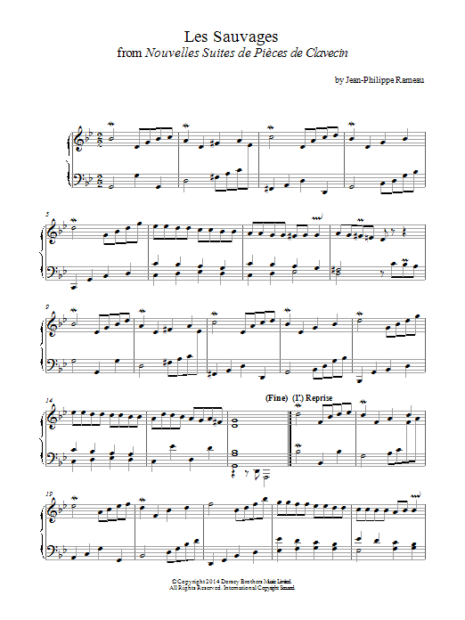Jean-Philippe Rameau Les Sauvages From Nouvelles Suites De Pieces De Clavecin Sheet Music Notes & Chords for Piano - Download or Print PDF