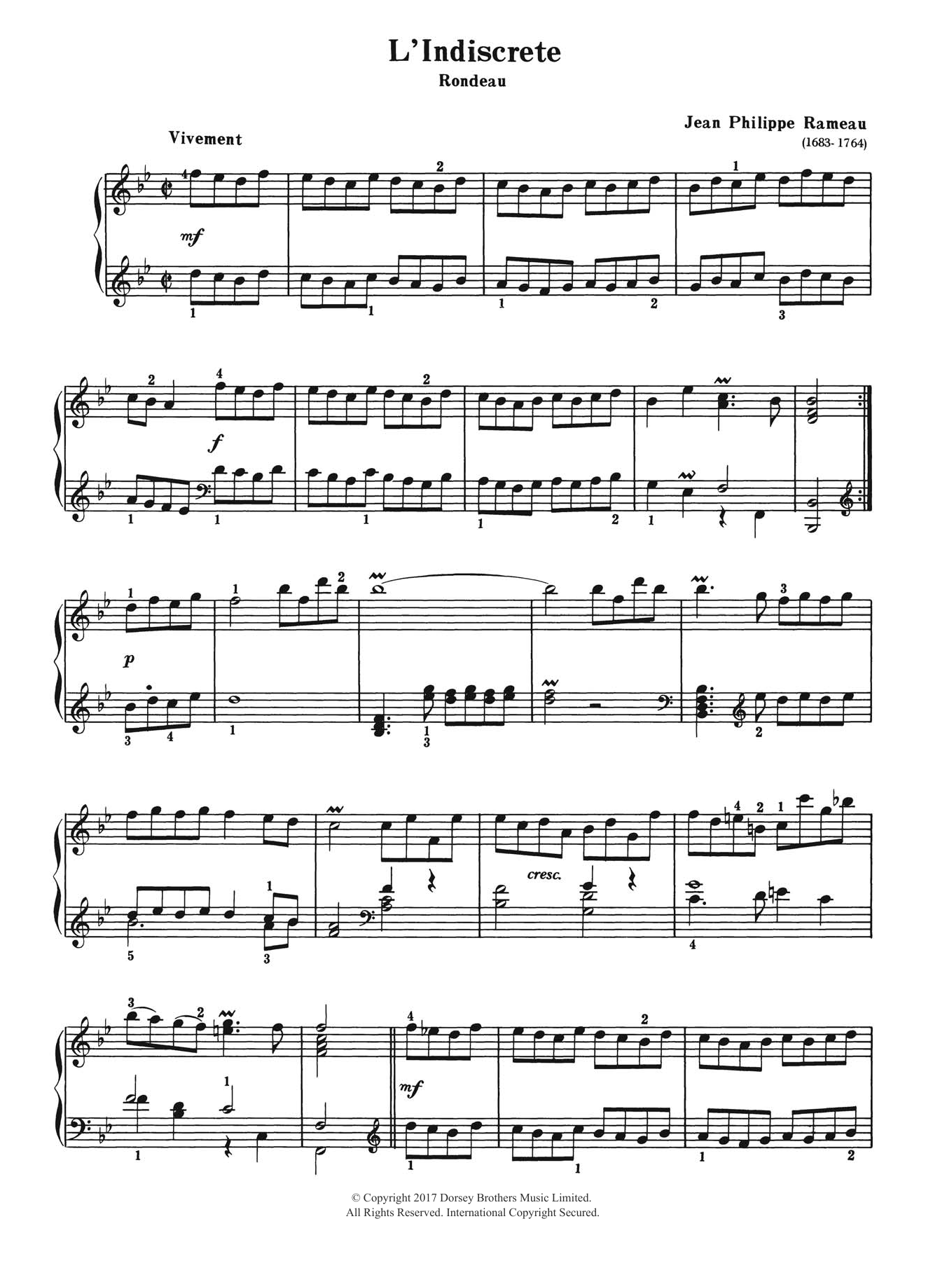 Jean-Philippe Rameau L'Indiscrete (Rondeau) Sheet Music Notes & Chords for Piano - Download or Print PDF
