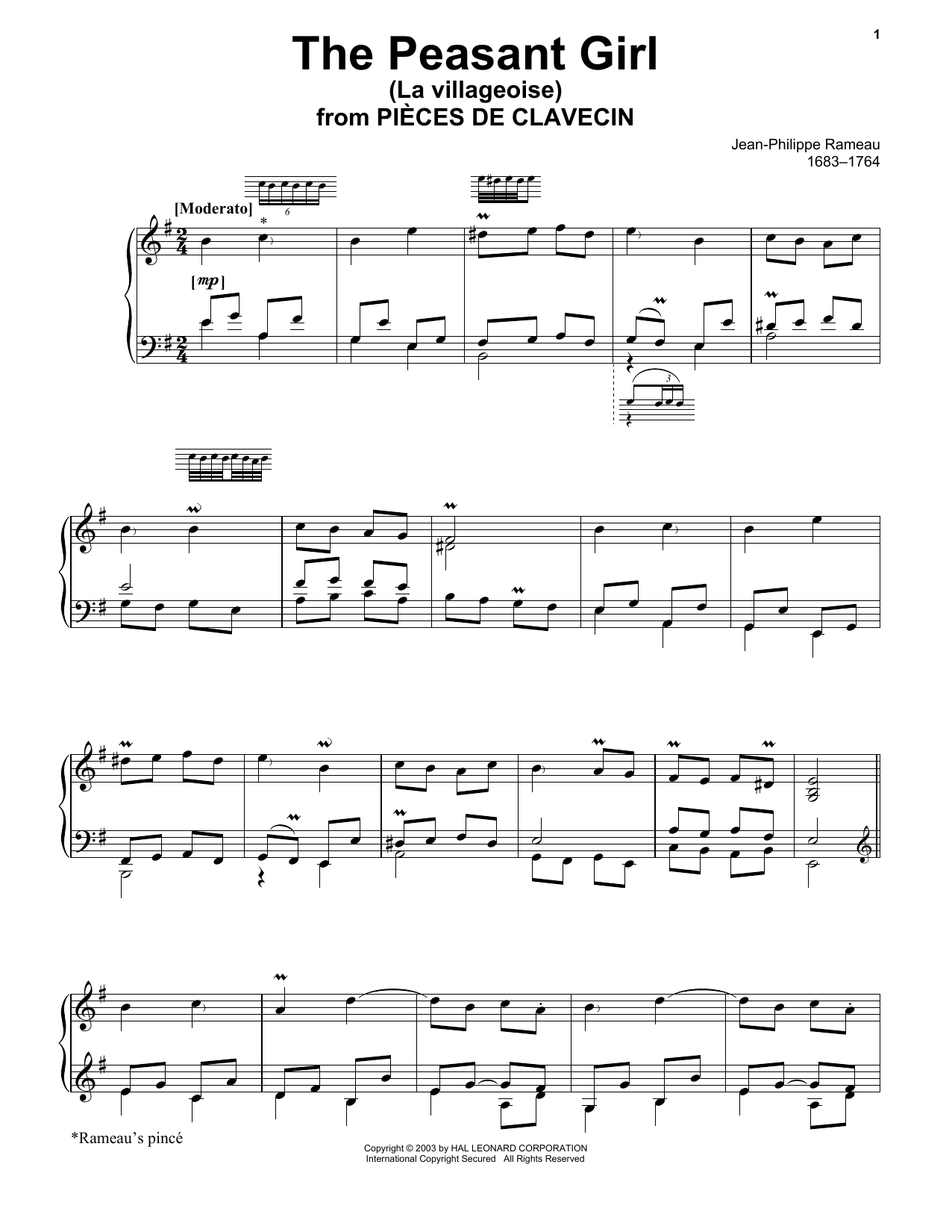 Jean-Philippe Rameau The Peasant Girl (La Villageoise) Sheet Music Notes & Chords for Piano Solo - Download or Print PDF