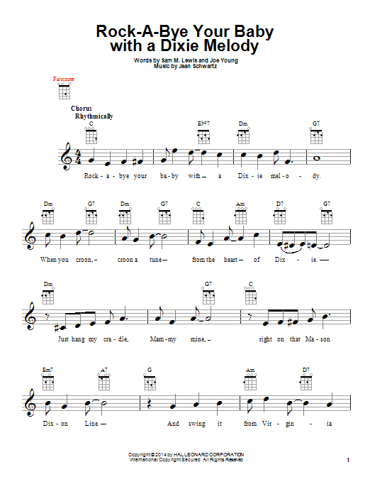 Jean Schwartz Rock-A-Bye Your Baby With A Dixie Melody Sheet Music Notes & Chords for Ukulele - Download or Print PDF