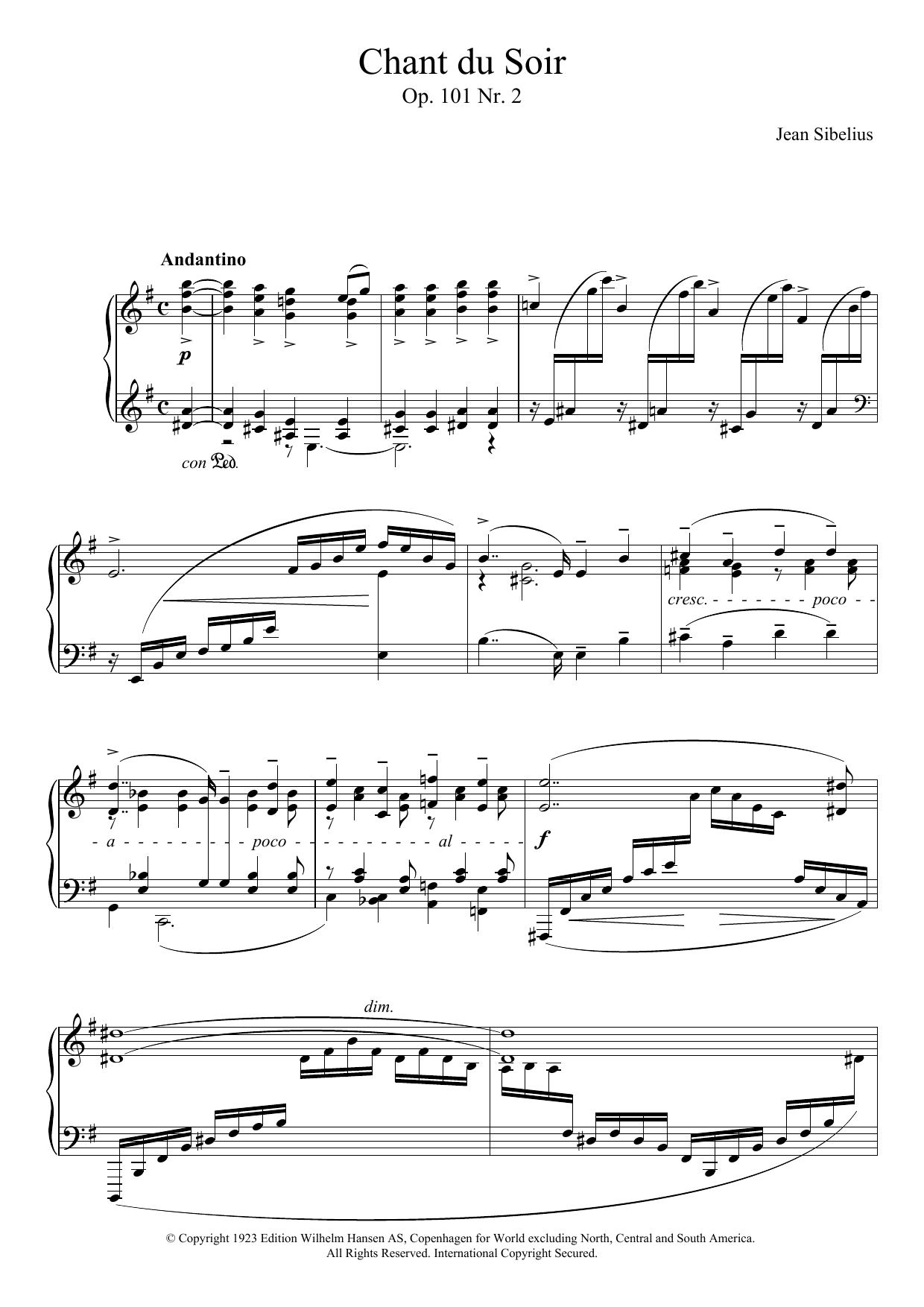 Jean Sibelius 5 Morceaux Romantiques, Op.101 - II. Chant Du Soir Sheet Music Notes & Chords for Piano - Download or Print PDF