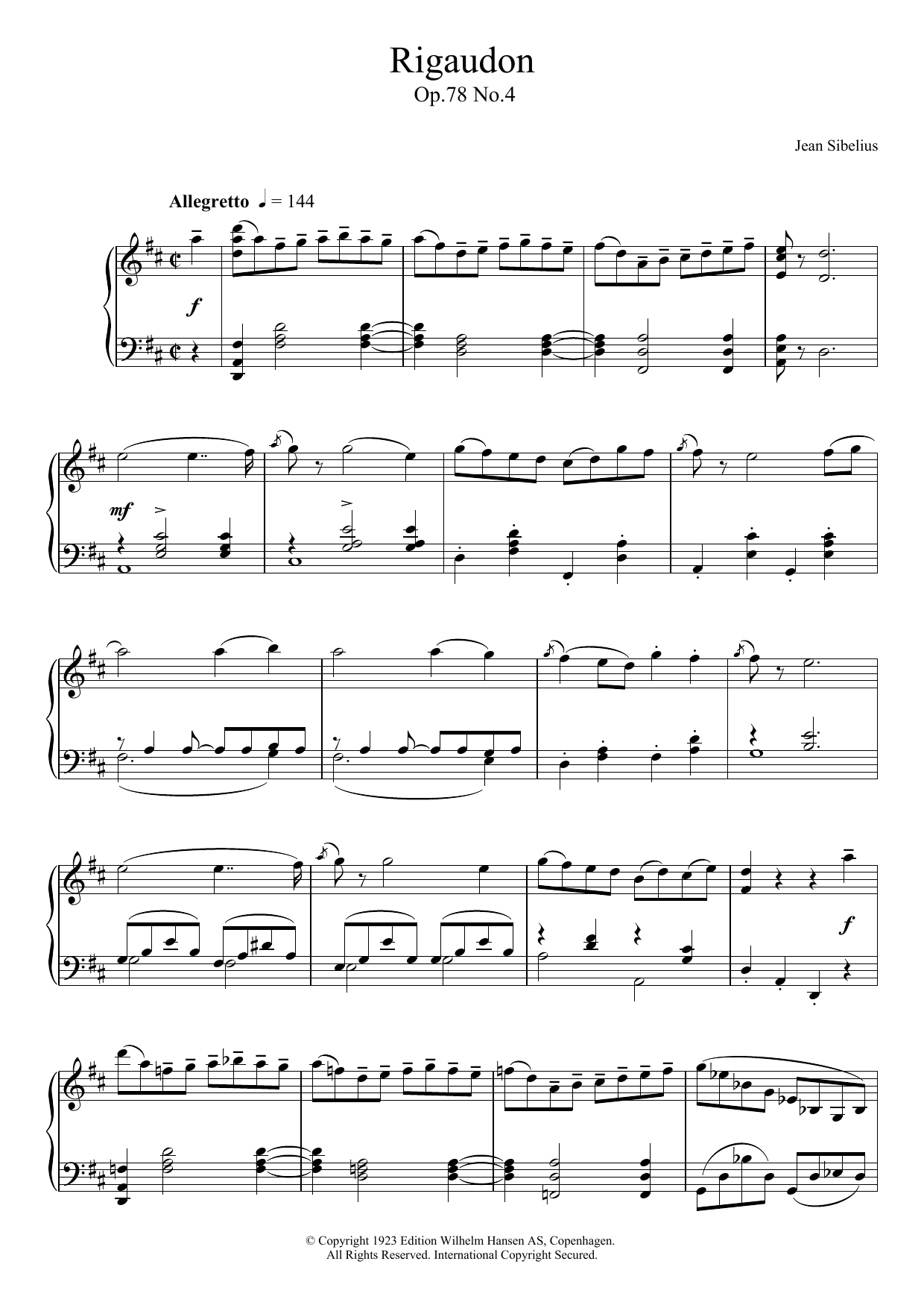 Jean Sibelius Rigaudon, Op.78 No.4 Sheet Music Notes & Chords for Piano - Download or Print PDF