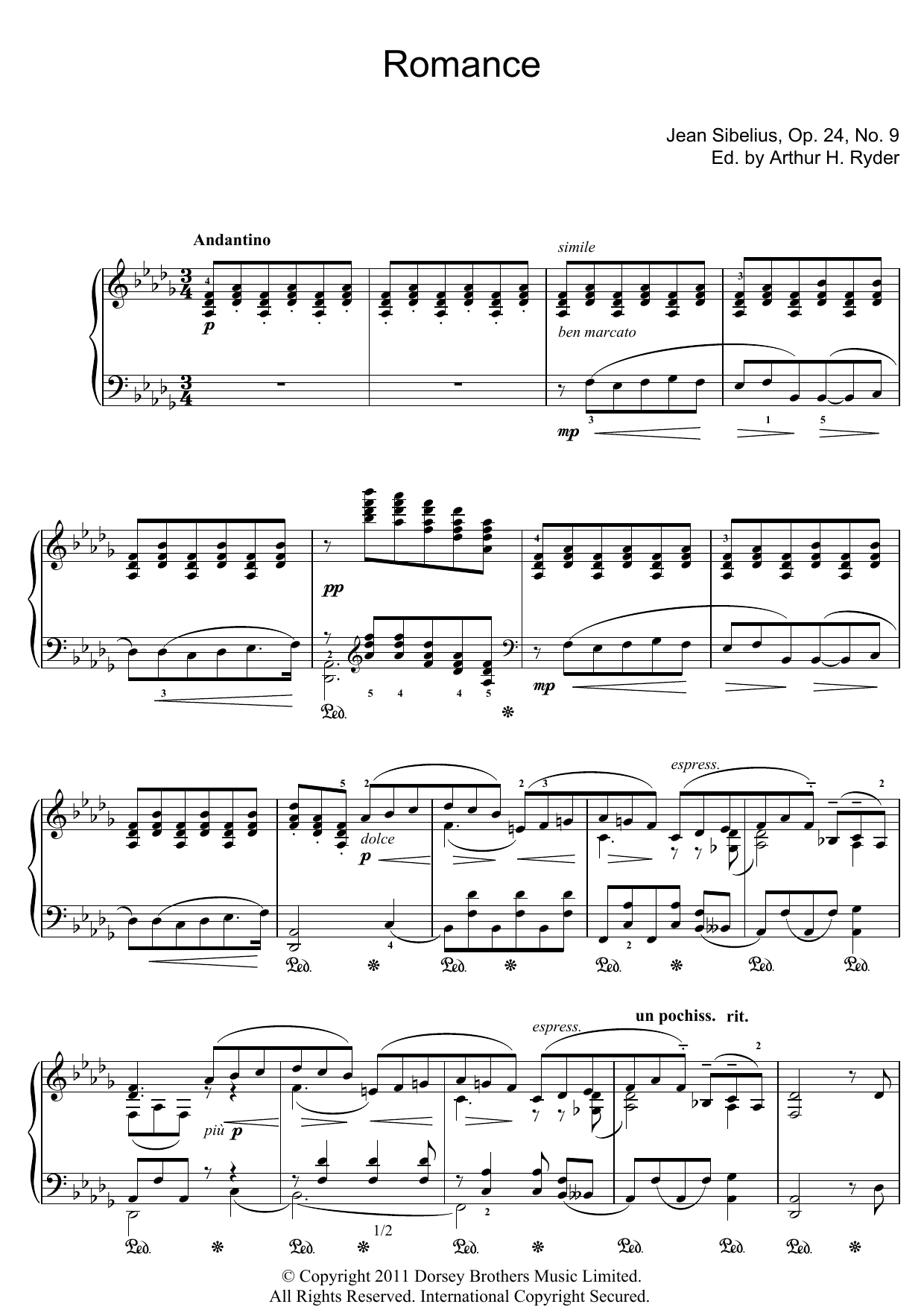 Jean Sibelius Romance In D Flat Sheet Music Notes & Chords for Piano - Download or Print PDF