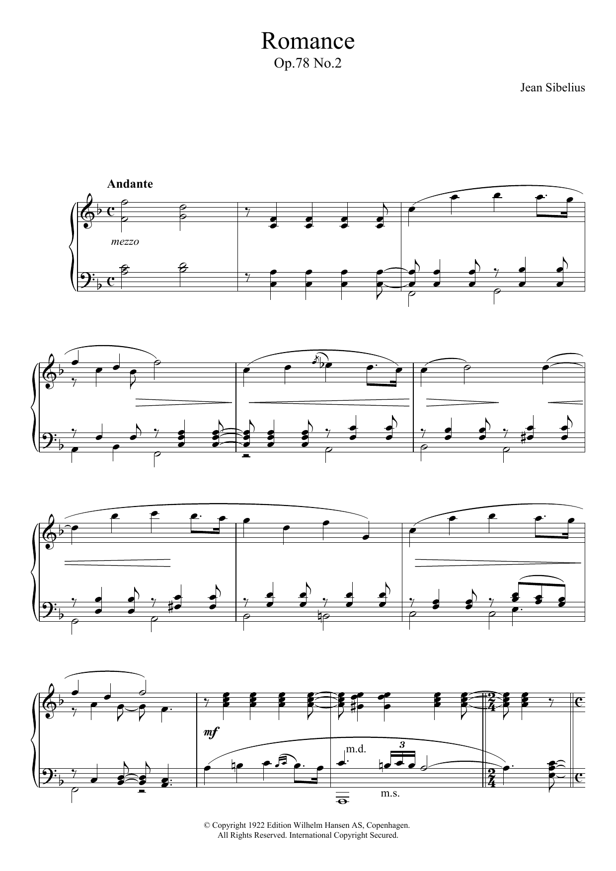 Jean Sibelius Romance, Op.78 No.2 Sheet Music Notes & Chords for Piano - Download or Print PDF