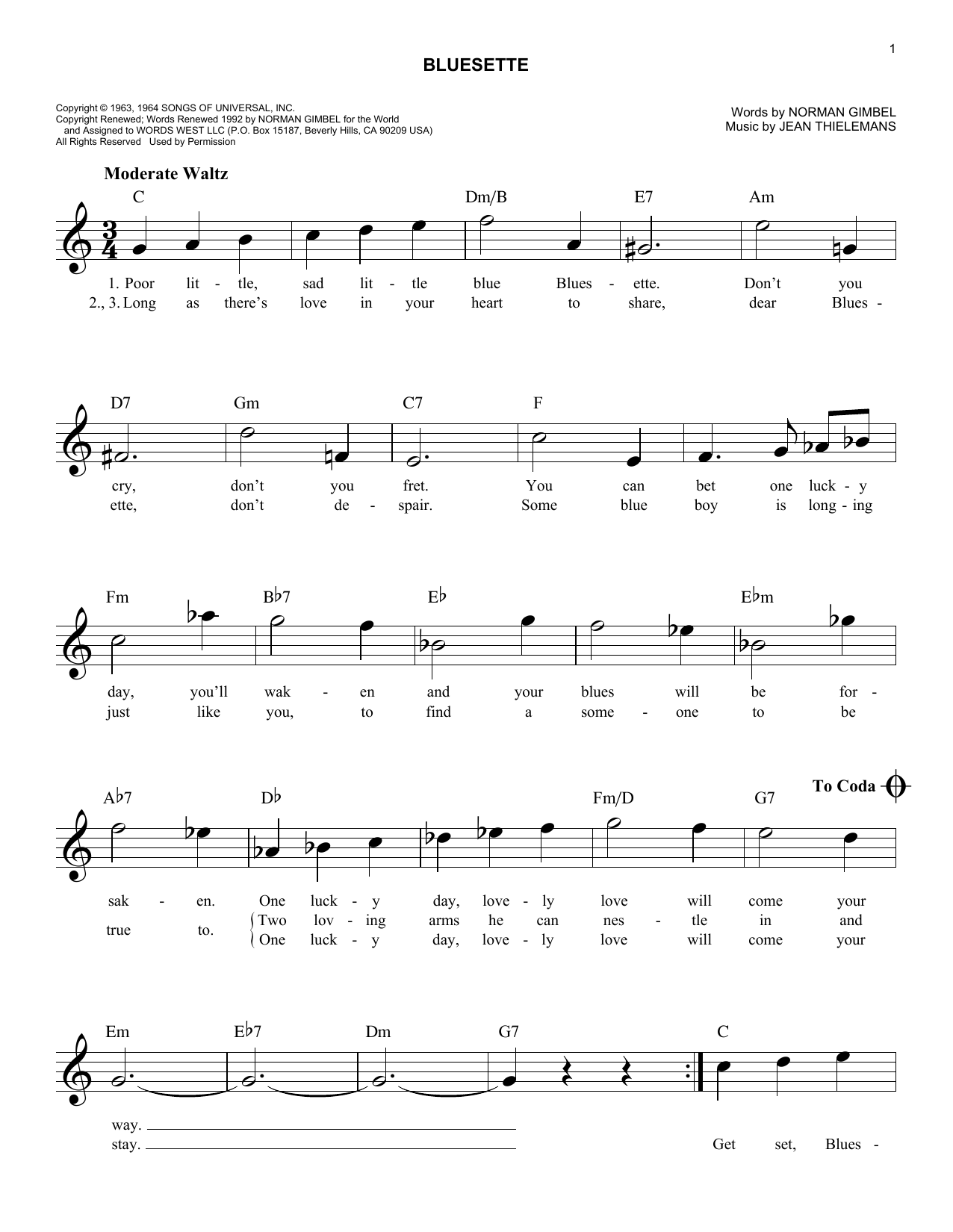Jean Thielemans Bluesette Sheet Music Notes & Chords for Melody Line, Lyrics & Chords - Download or Print PDF