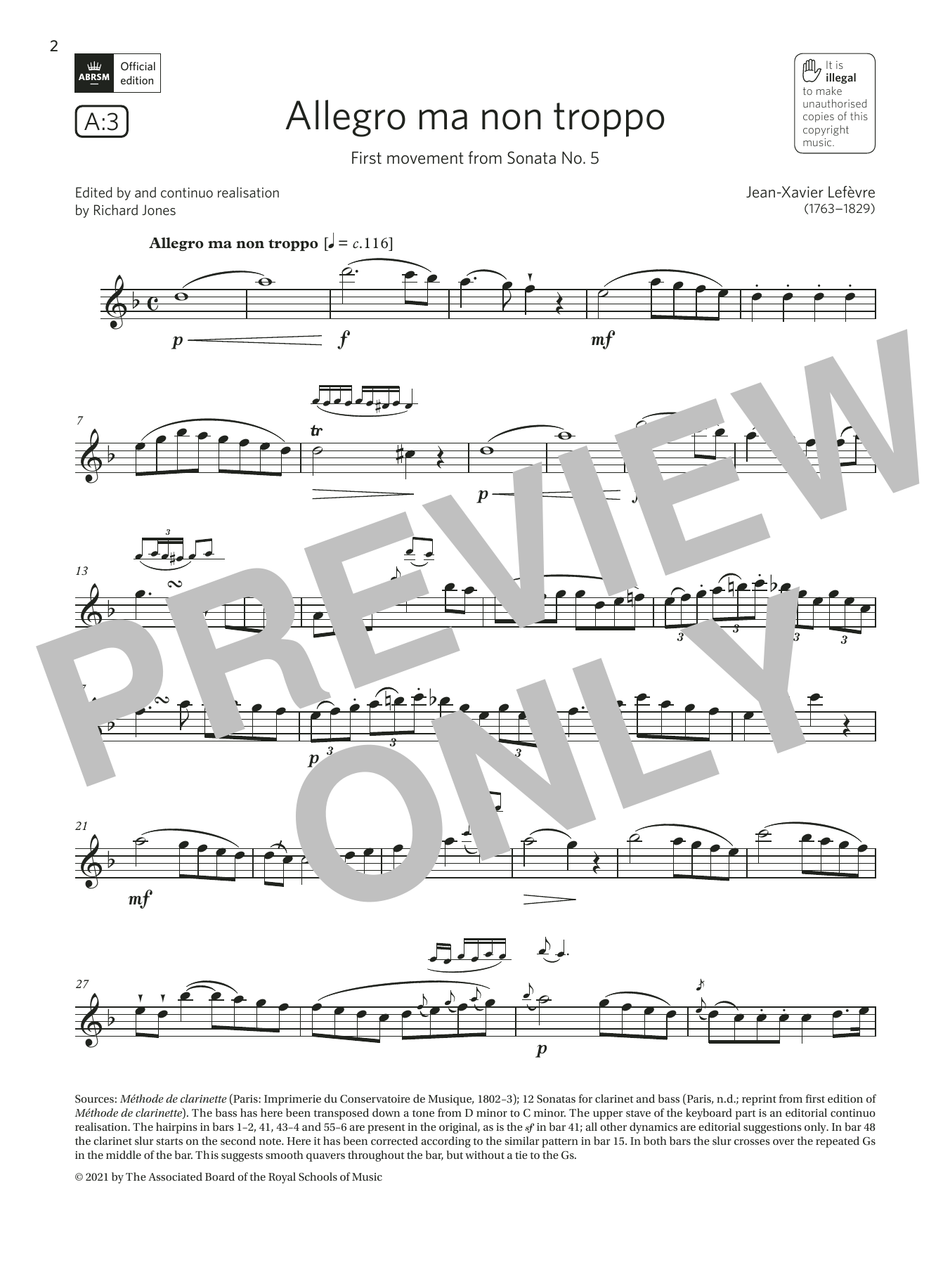 Jean-Xavier Lefèvre Allegro ma non troppo (from Sonata No5)(Grade 6 List A3 from the ABRSM Clarinet syllabus from 2022) Sheet Music Notes & Chords for Clarinet Solo - Download or Print PDF