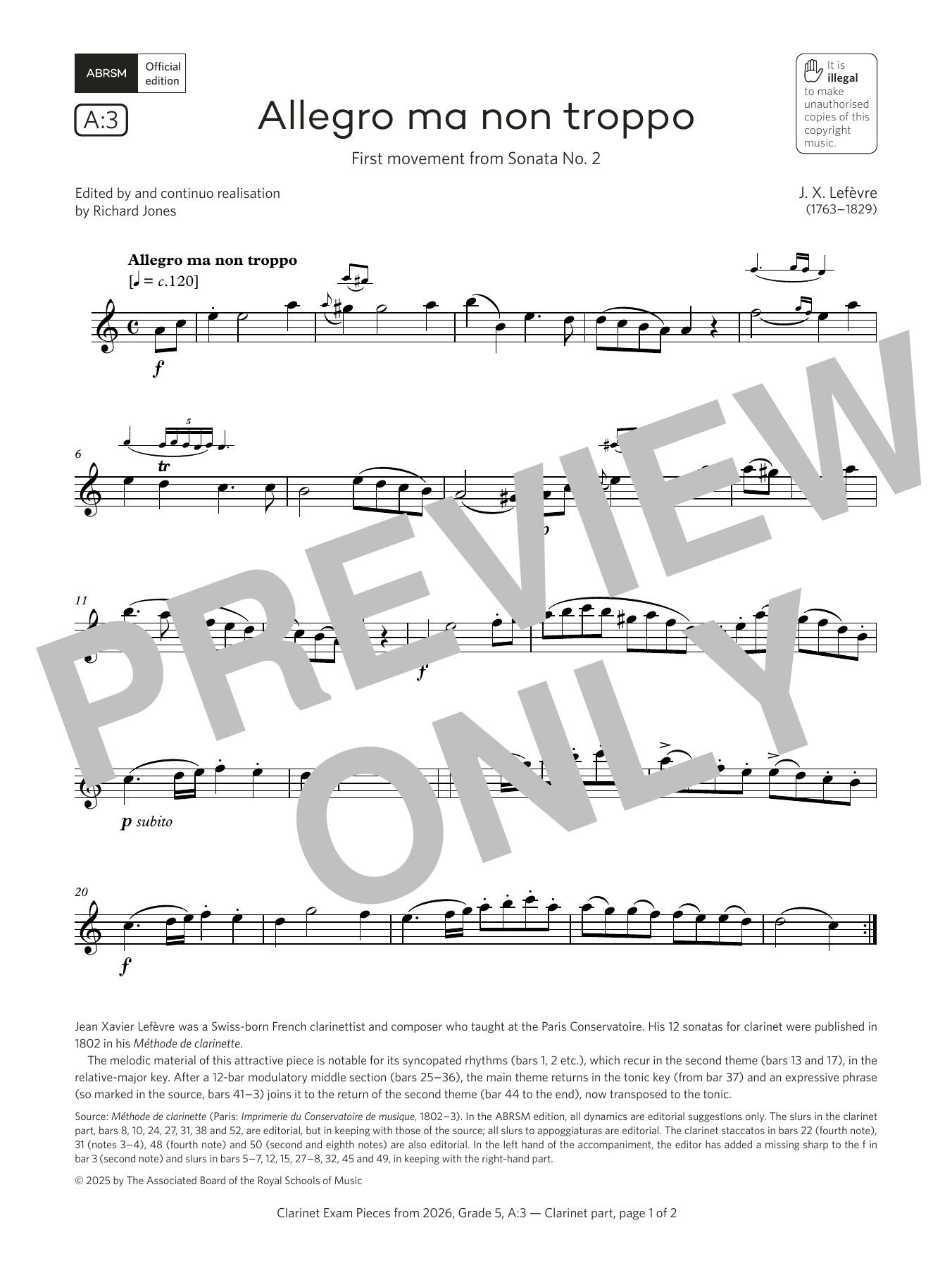 Jean Xavier Lefèvre Allegro ma non troppo (Grade 5, list A3, from the ABRSM Clarinet Syllabus from 2026) Sheet Music Notes & Chords for Clarinet Solo - Download or Print PDF Jean Xavier Lefèvre Allegro ma non troppo (Grade 5, list A3, from the ABRSM Clarinet Syllabus from 2026) Sheet Music Notes & Chords for Clarinet Solo - Download or Print PDF