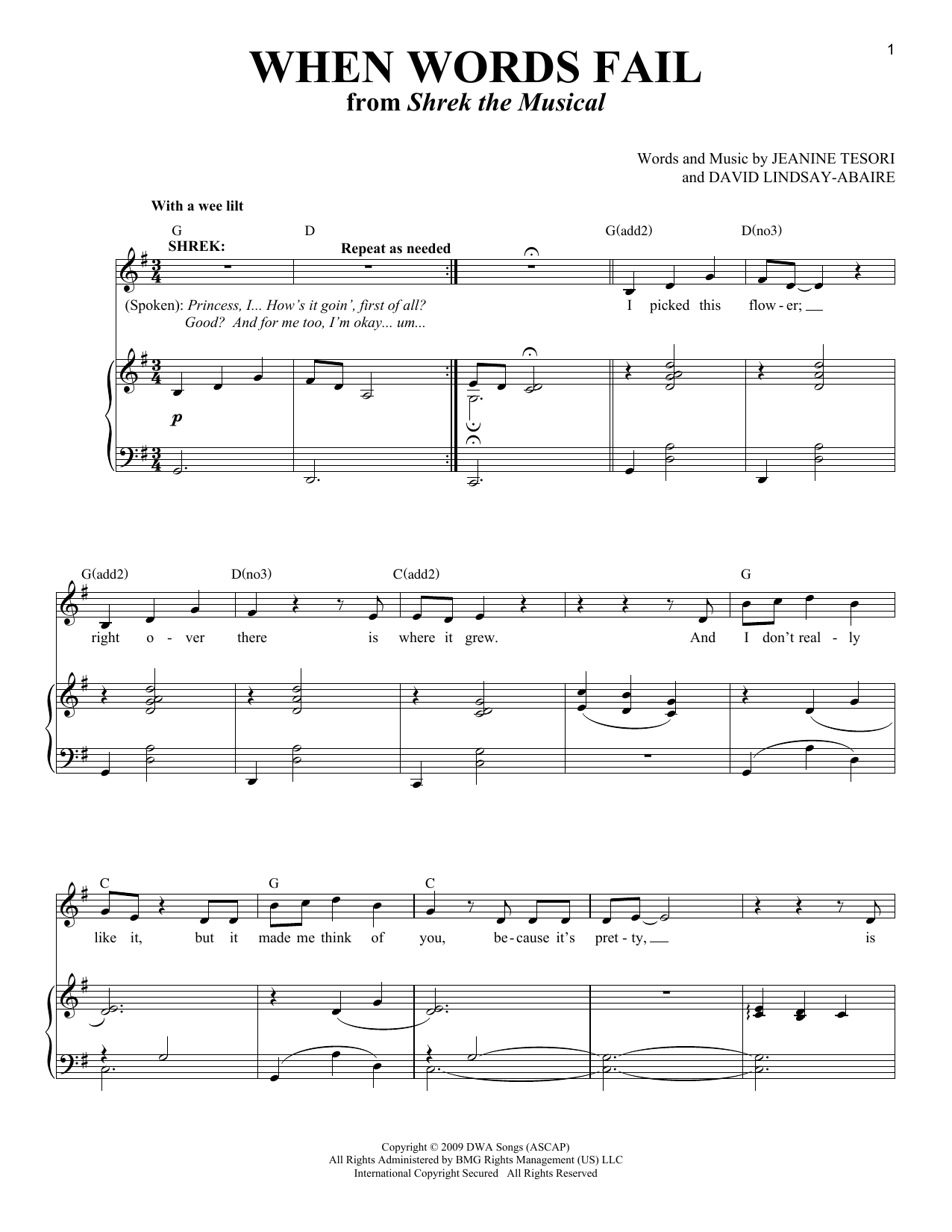 Jeanine Tesori & David Lindsay-Abaire When Words Fail Sheet Music Notes & Chords for Piano & Vocal - Download or Print PDF
