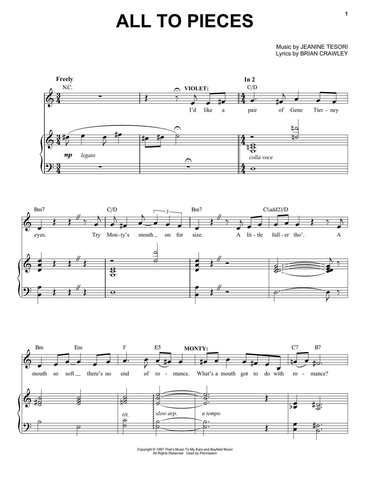 Jeanine Tesori All To Pieces Sheet Music Notes & Chords for Piano & Vocal - Download or Print PDF