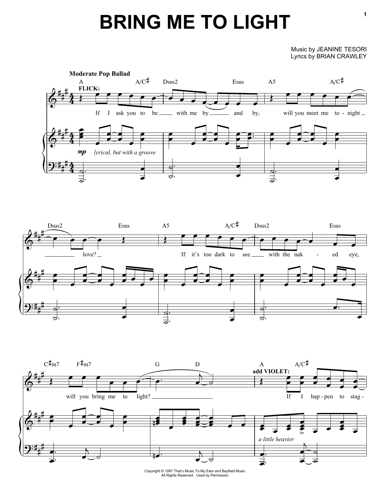 Jeanine Tesori Bring Me To Light Sheet Music Notes & Chords for Piano & Vocal - Download or Print PDF