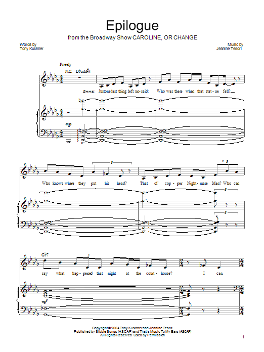 Jeanine Tesori Epilogue Sheet Music Notes & Chords for Piano, Vocal & Guitar (Right-Hand Melody) - Download or Print PDF
