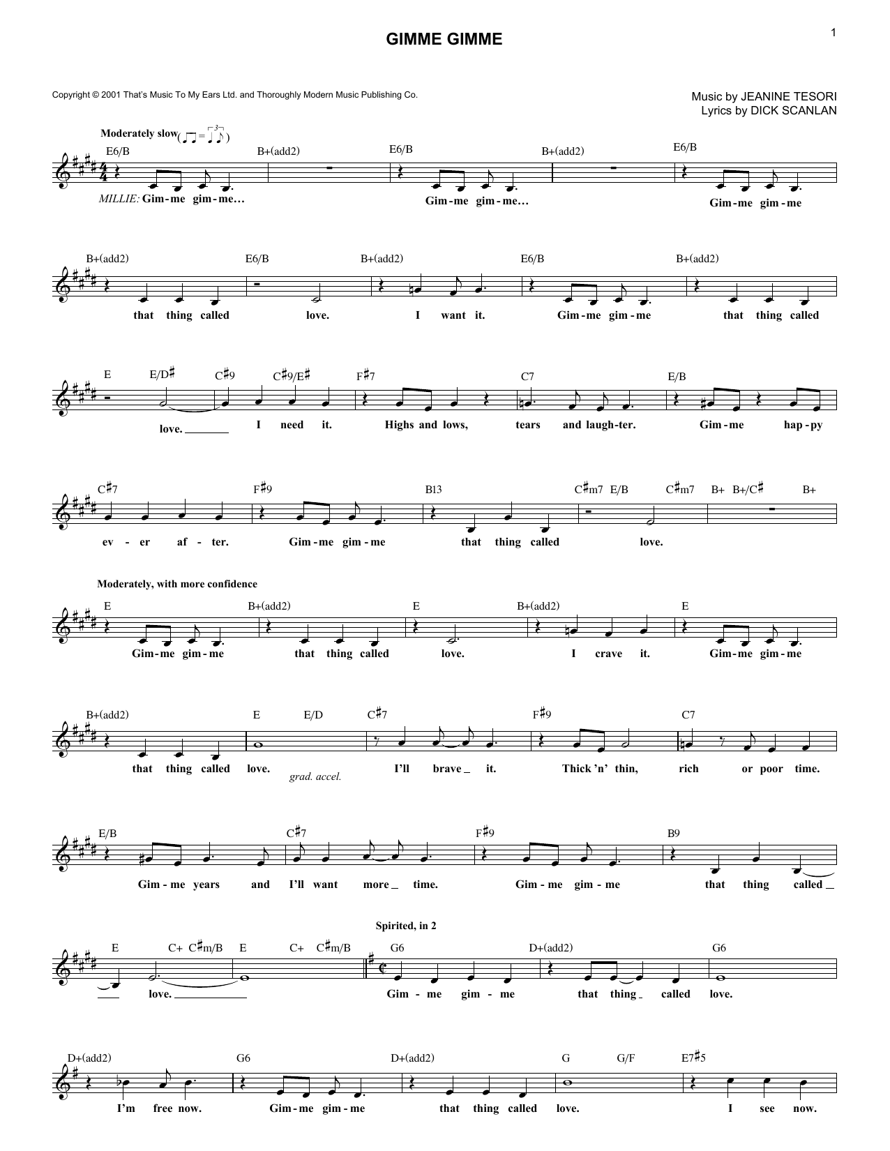 Jeanine Tesori Gimme Gimme Sheet Music Notes & Chords for Melody Line, Lyrics & Chords - Download or Print PDF