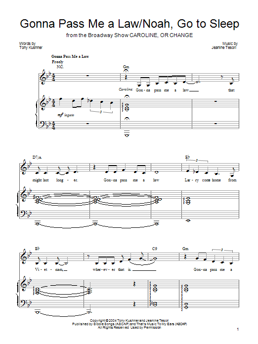 Jeanine Tesori Gonna Pass Me A Law/Noah, Go To Sleep Sheet Music Notes & Chords for Piano, Vocal & Guitar (Right-Hand Melody) - Download or Print PDF
