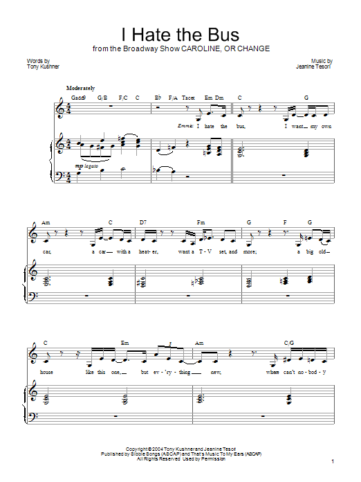 Jeanine Tesori I Hate The Bus Sheet Music Notes & Chords for Piano, Vocal & Guitar (Right-Hand Melody) - Download or Print PDF Jeanine Tesori I Hate The Bus Sheet Music Notes & Chords for Piano, Vocal & Guitar (Right-Hand Melody) - Download or Print PDF