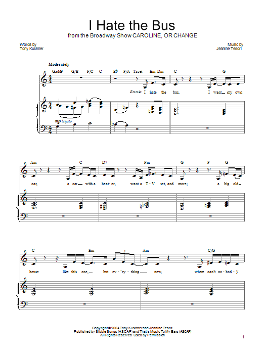 Jeanine Tesori I Hate The Bus Sheet Music Notes & Chords for Piano, Vocal & Guitar (Right-Hand Melody) - Download or Print PDF
