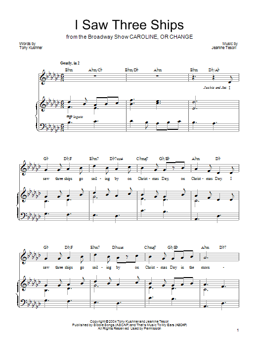 Jeanine Tesori I Saw Three Ships Sheet Music Notes & Chords for Piano, Vocal & Guitar (Right-Hand Melody) - Download or Print PDF