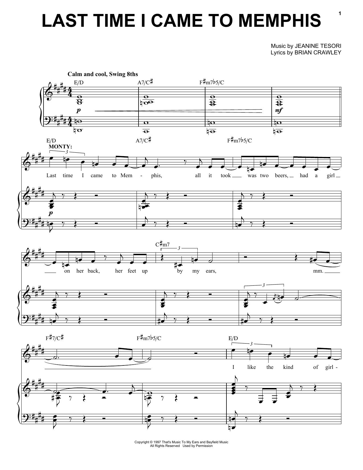 Jeanine Tesori Last Time I Came To Memphis Sheet Music Notes & Chords for Piano & Vocal - Download or Print PDF