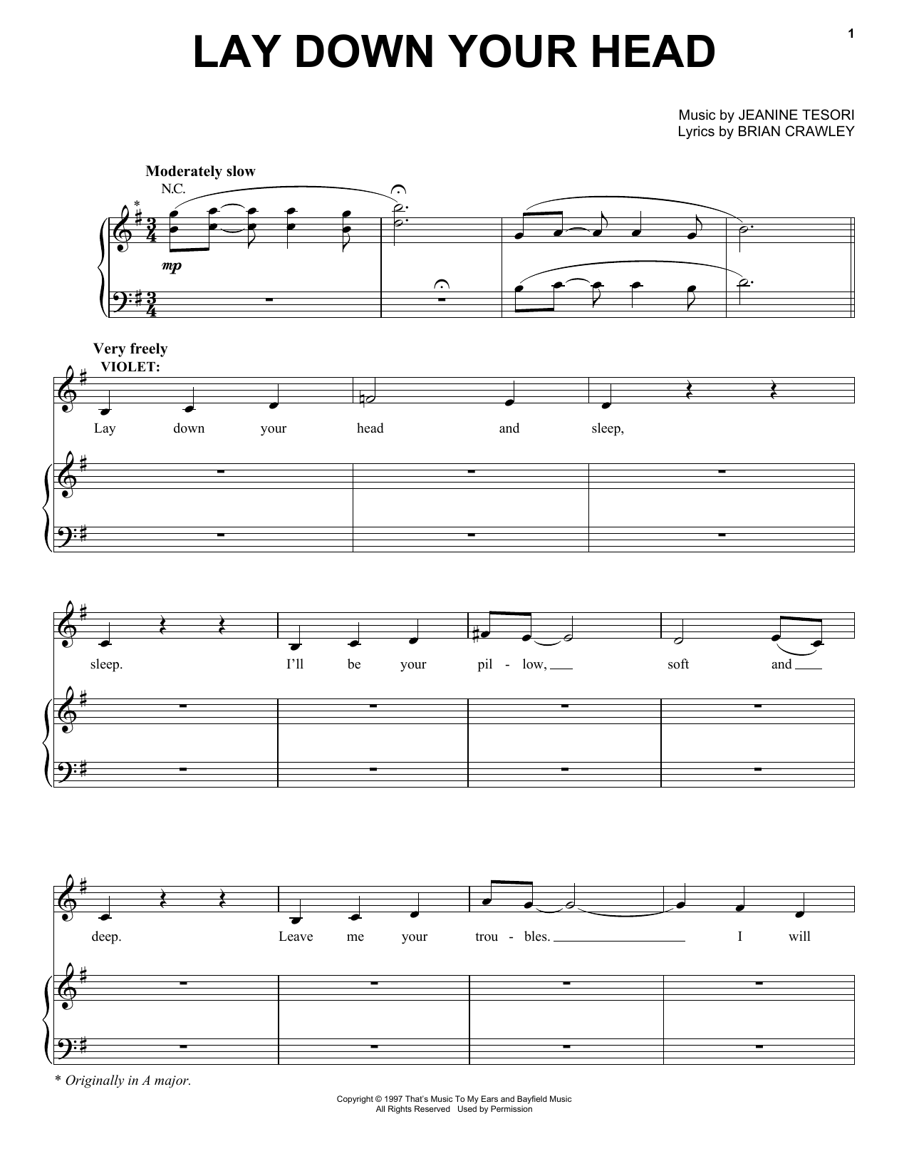 Jeanine Tesori Lay Down Your Head Sheet Music Notes & Chords for Piano & Vocal - Download or Print PDF