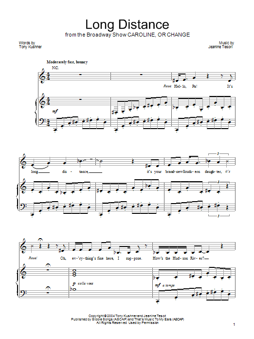 Jeanine Tesori Long Distance Sheet Music Notes & Chords for Piano, Vocal & Guitar (Right-Hand Melody) - Download or Print PDF