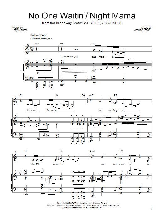 Jeanine Tesori No One Waitin'/'Night Mamma Sheet Music Notes & Chords for Piano, Vocal & Guitar (Right-Hand Melody) - Download or Print PDF