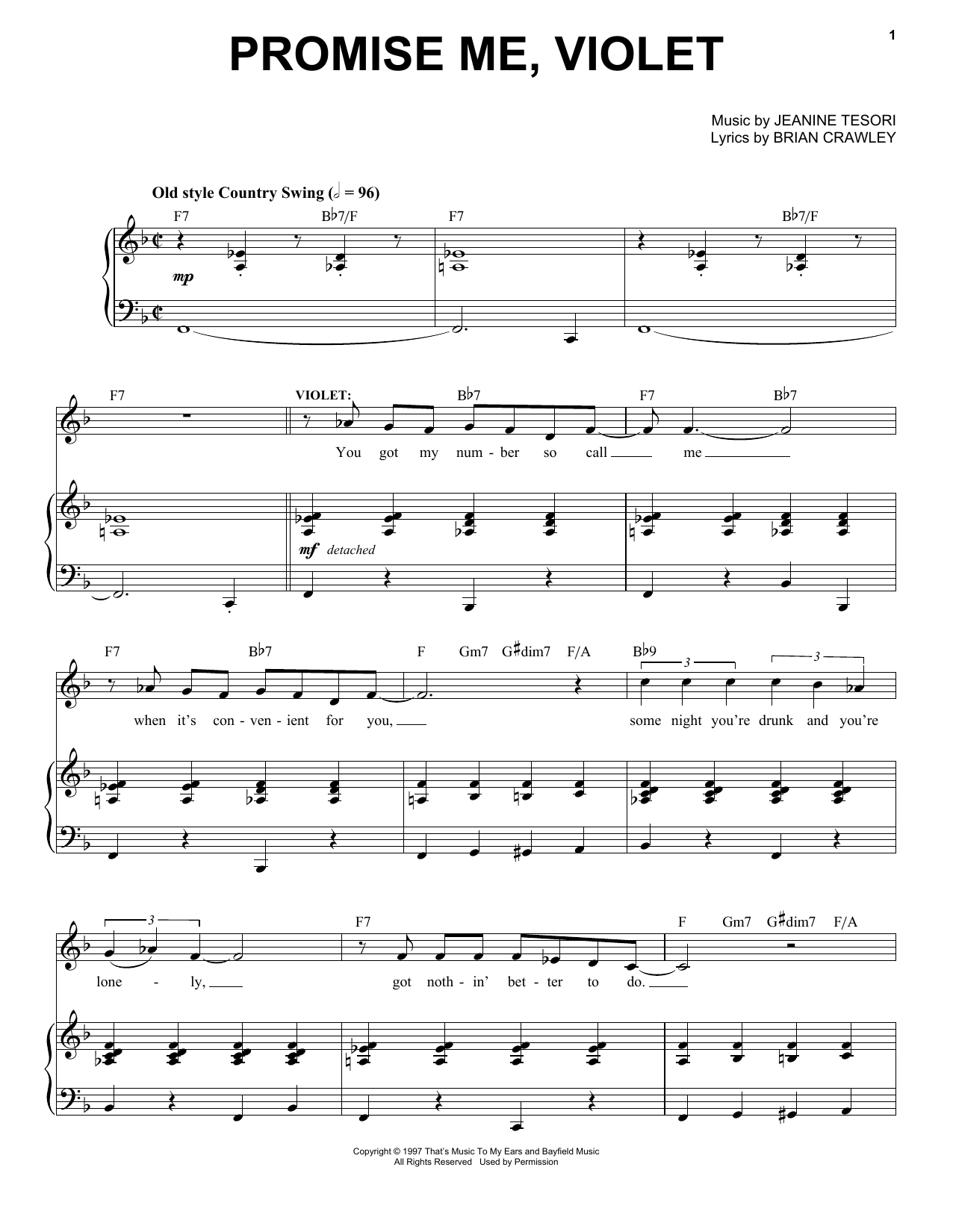 Jeanine Tesori Promise Me, Violet Sheet Music Notes & Chords for Piano & Vocal - Download or Print PDF