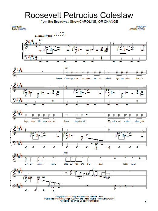 Jeanine Tesori Roosevelt Petrucius Coleslaw Sheet Music Notes & Chords for Piano, Vocal & Guitar (Right-Hand Melody) - Download or Print PDF