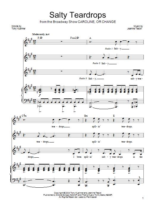Jeanine Tesori Salty Teardrops Sheet Music Notes & Chords for Piano, Vocal & Guitar (Right-Hand Melody) - Download or Print PDF