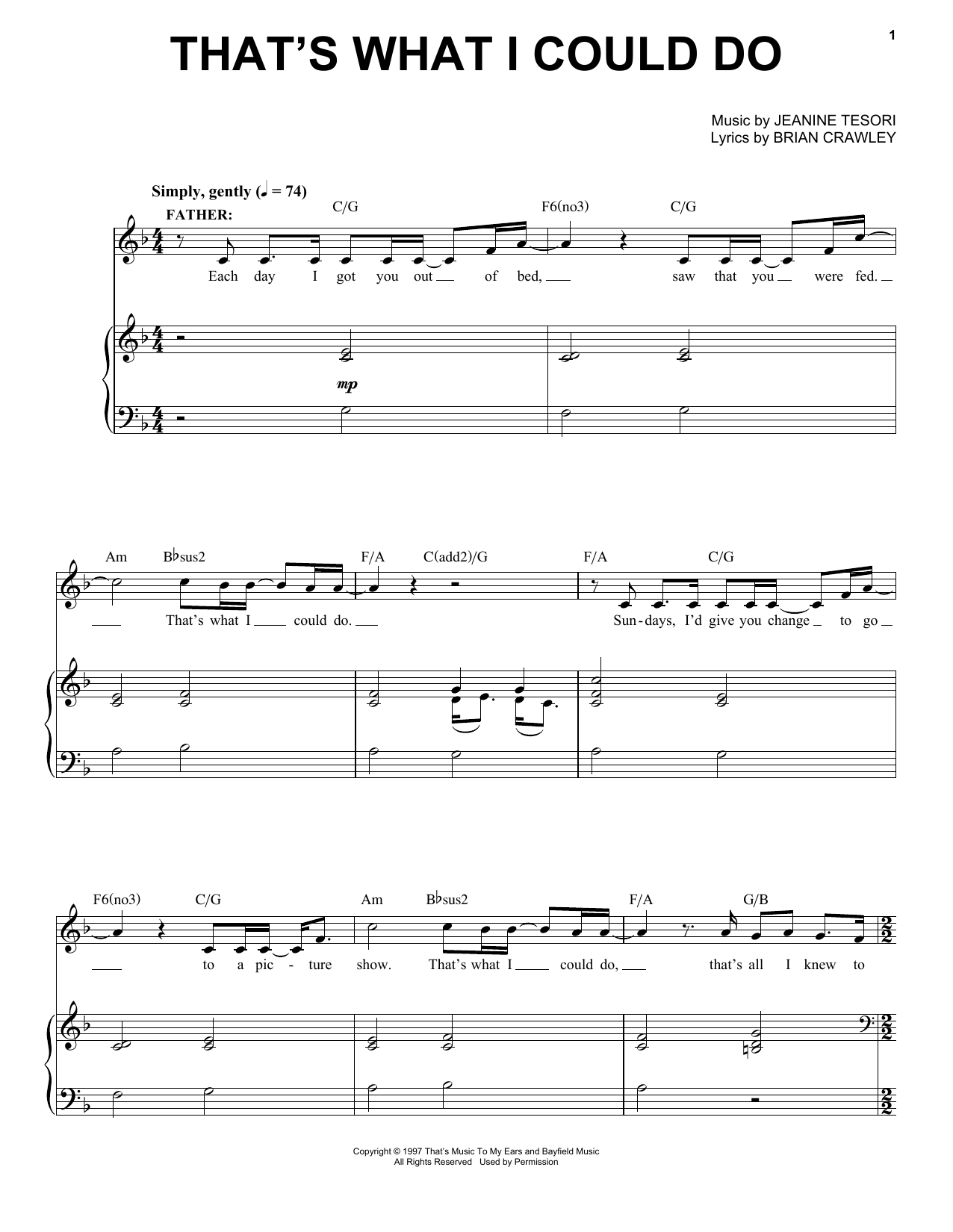 Jeanine Tesori That's What I Could Do Sheet Music Notes & Chords for Piano & Vocal - Download or Print PDF